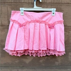 Sugar Thrillz Pink Pleated Lace Trim Mini Skirt
